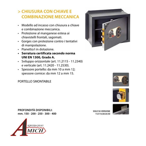 Cassaforte personal ad incasso dimensioni esterne alt. 230mm largh. 350mm prof. 200mm chiusura con chiave + combinazione