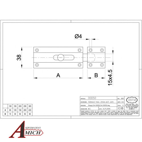 Catenaccio in ottone 200mm trasversale squadrato ottone lucido 38mmx200mm (50mm+150mm)