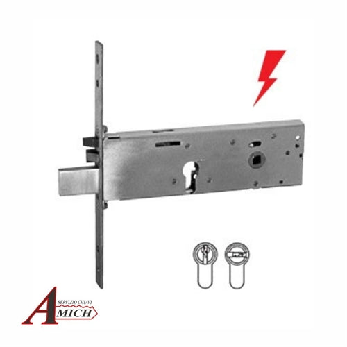 Elettroserratura da infilare a cilindro per fascia e.90 12vac/dc 1pc frontale inox 240x22x3. altezza cassa mm 64. tre mandate da mm 12. iseo