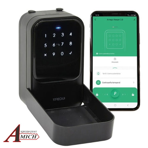Keeper 2.0 cassetta portachiavi esterno smart 140.5x82.5x47 misure est ip65 bluetooth e abbinato al bridge anche da remoto via wifi.