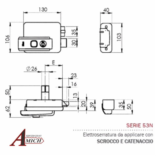Elettroserratura iseo serie 5 dx entr. regolabile da50 a 80mm con mandata 53n5151