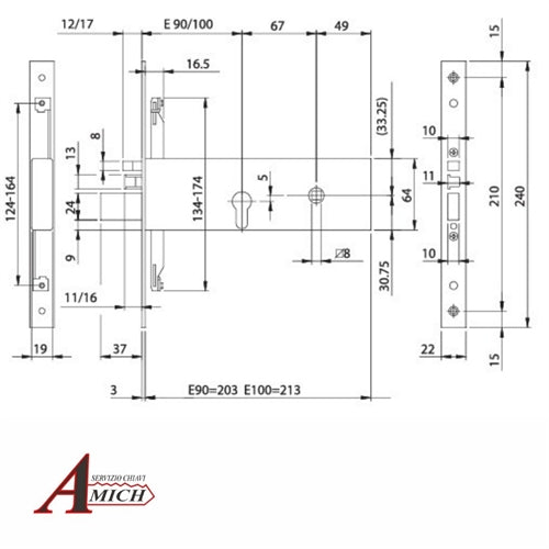 Elettroserratura da infilare a cilindro per fascia e.90 12vac/dc 3pc frontale inox 240x22x3. altezza cassa mm 64. tre mandate da mm 12. iseo