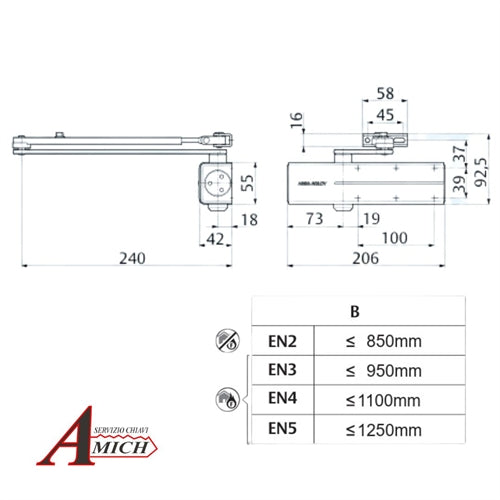 Chiudiporta a pignone e cremagliera aereo en 2/3/4/5 ev1 argento