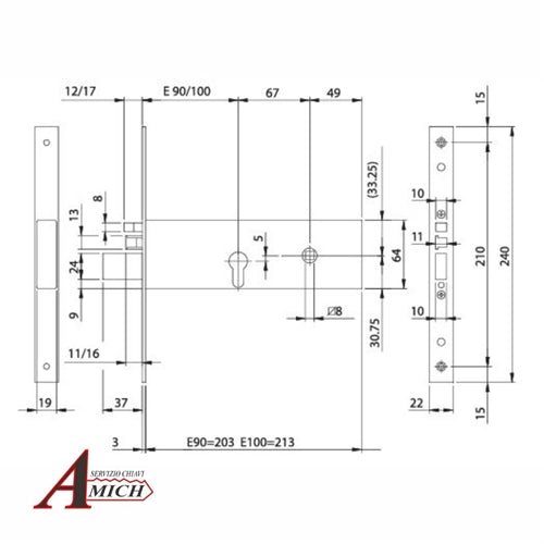 Elettroserratura da infilare a cilindro per fascia e.90 12vac/dc 1pc frontale inox 240x22x3. altezza cassa mm 64. tre mandate da mm 12. iseo