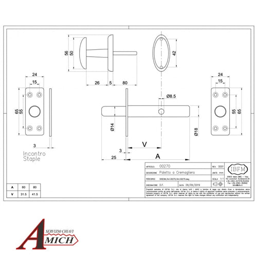 Paletto di sicurezza a cremagliera 60mm per porte blindate cromosatinato