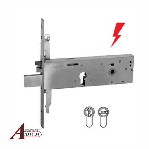 Elettroserratura da infilare a cilindro per fascia e.90 12vac/dc 3pc frontale inox 240x22x3. altezza cassa mm 64. tre mandate da mm 12. iseo