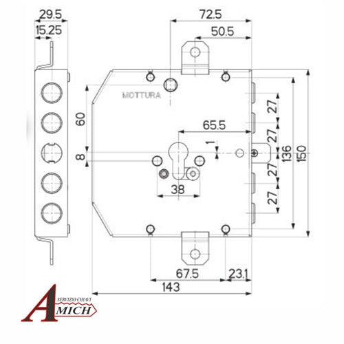 Serr. triplice cilindro rev. applicare ingranaggi mod. esety e.65/27 doppio bloccaggio antieffrazione(t)